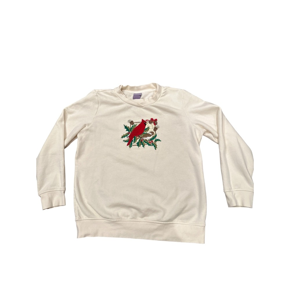 Cardinal Holiday Embroidered Sweatshirt M Cream Rhinestones Christmas Winter